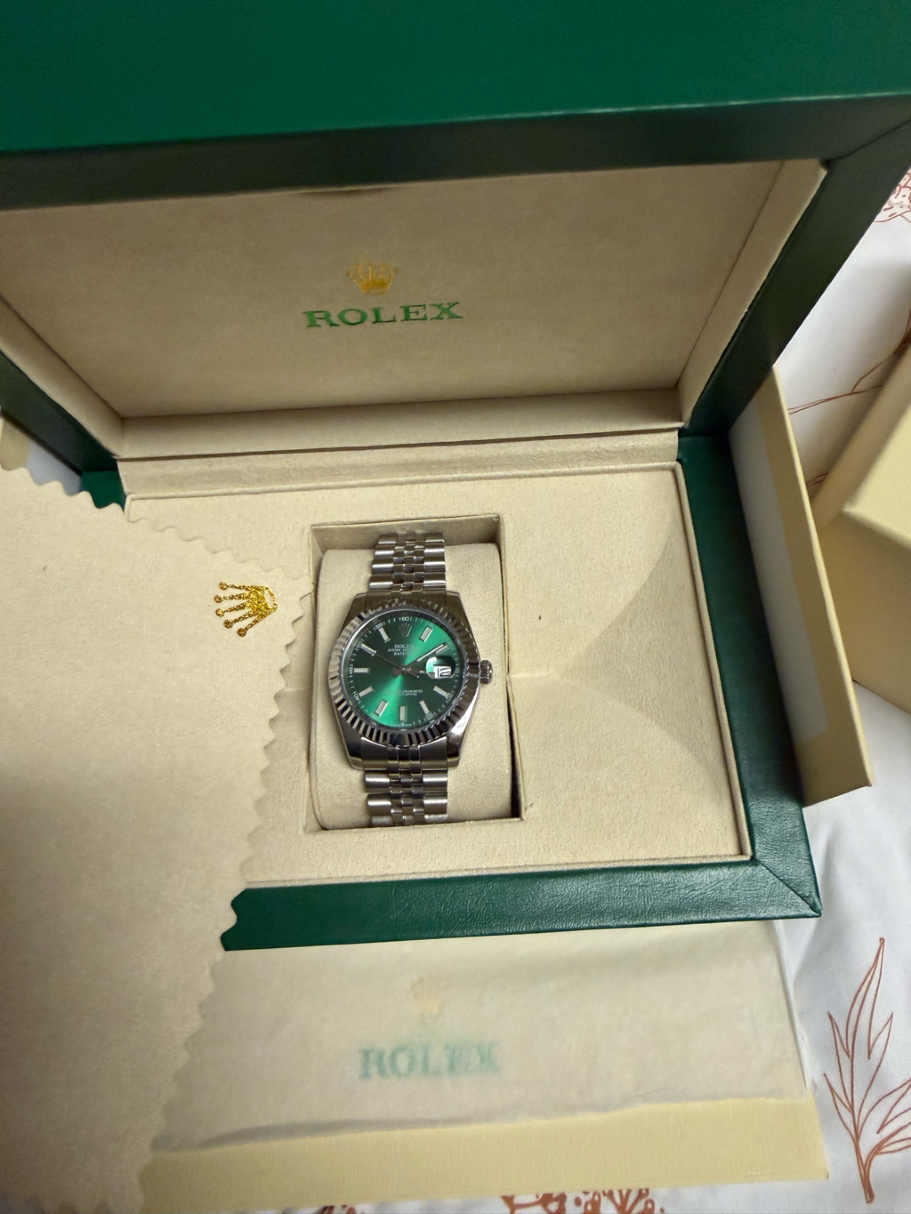 Rolex Silver Bracelet Watch With Green Dial